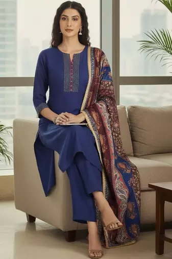 Women Ethnic Motifs Regular Thread Work Kurta with Trousers & With Dupatta