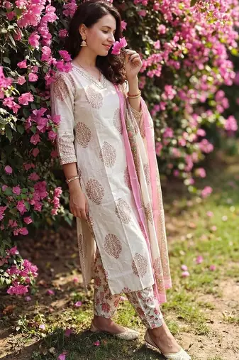 Women Floral Printed Regular Beads and Stones Pure Cotton Kurta with Salwar & With Dupatta