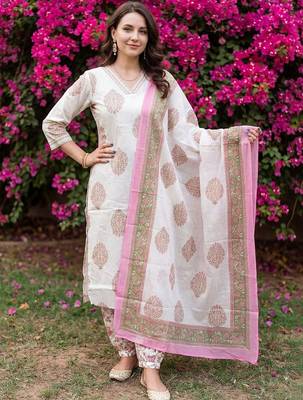 Women Floral Printed Regular Beads and Stones Pure Cotton Kurta with Salwar & With Dupatta 5