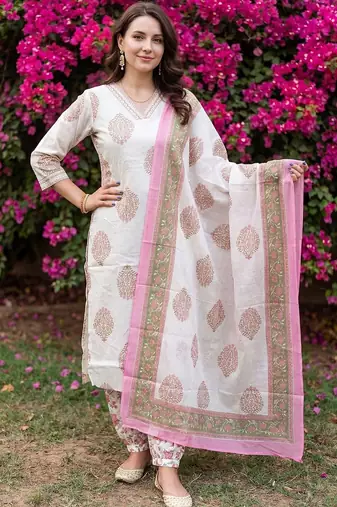 Women Floral Printed Regular Beads and Stones Pure Cotton Kurta with Salwar & With Dupatta