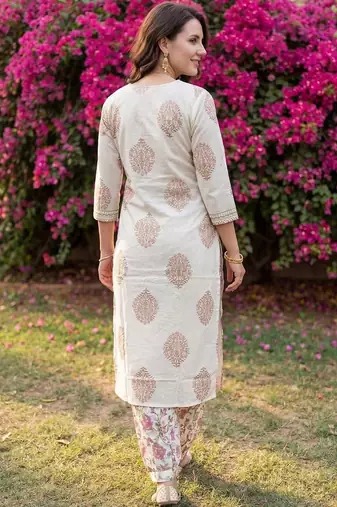 Women Floral Printed Regular Beads and Stones Pure Cotton Kurta with Salwar & With Dupatta