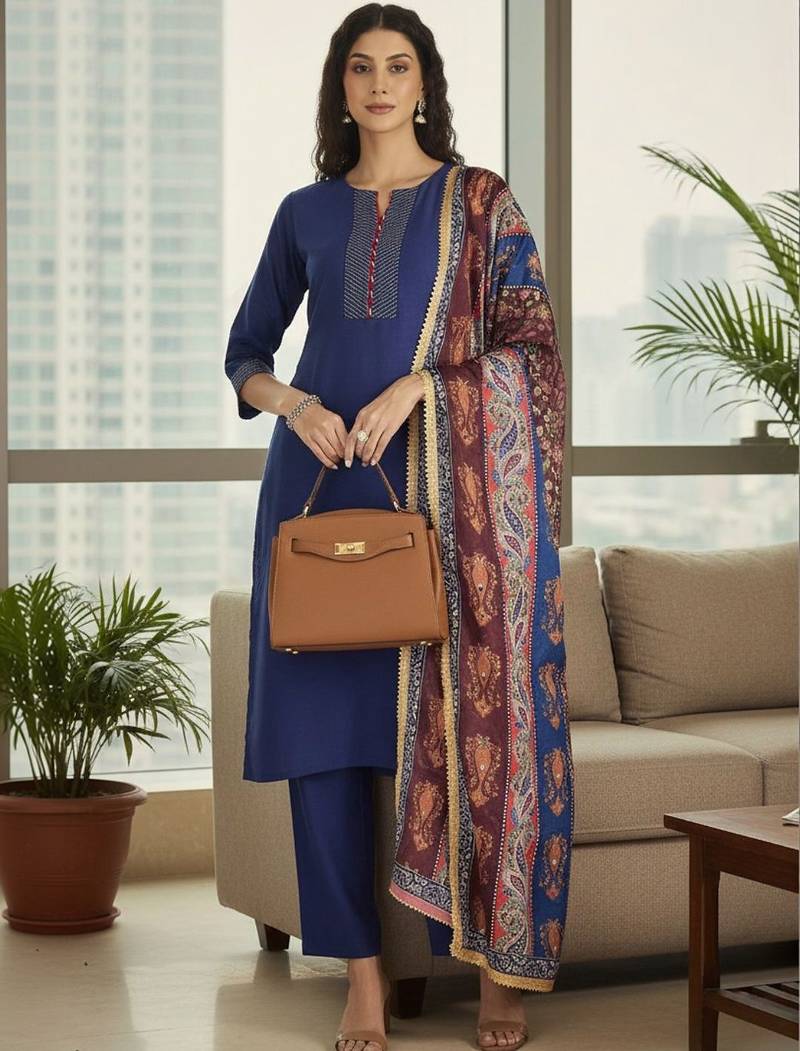 Women Ethnic Motifs Regular Thread Work Kurta with Trousers & With Dupatta