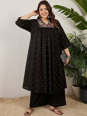 Plus Size Black Embroidered A-Line Kurta Palazzos Set 1