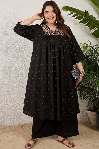 Plus Size Black Embroidered A-Line Kurta Palazzos Set