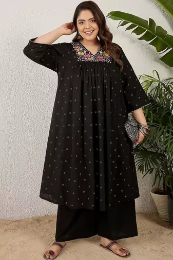 Plus Size Black Embroidered A-Line Kurta Palazzos Set