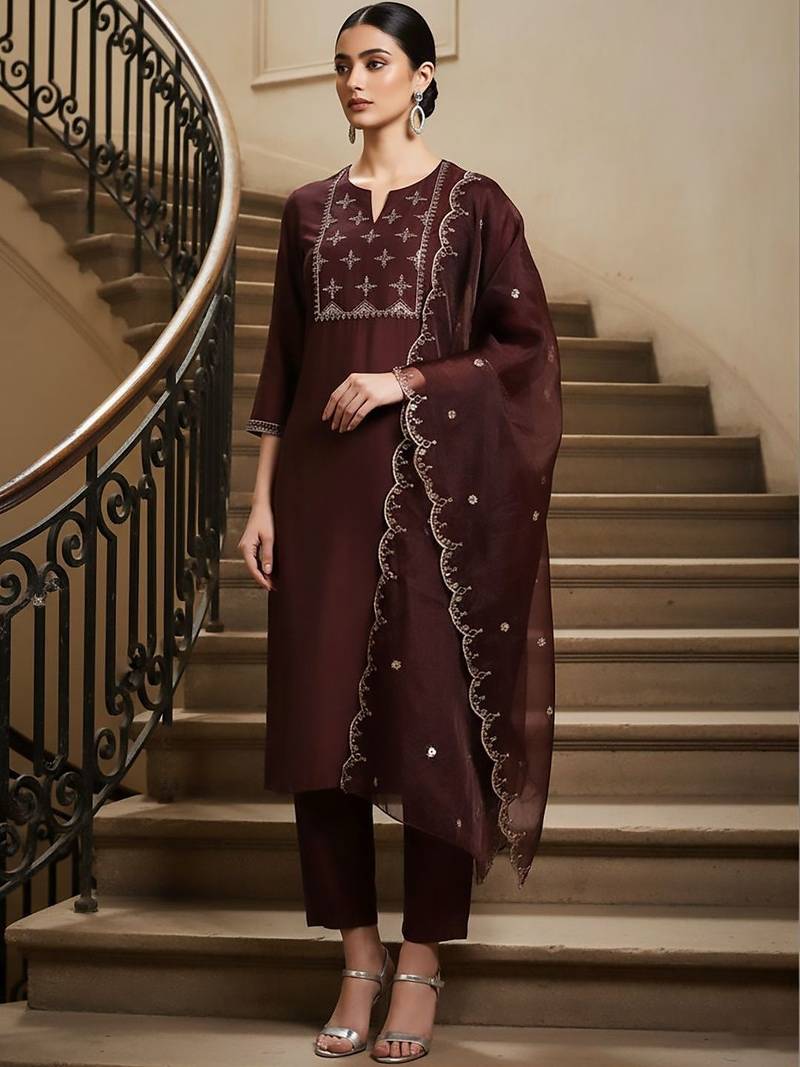 Women Ethnic Motifs Embroidered Regular Thread Work Kurta with Trousers & With Dupatta