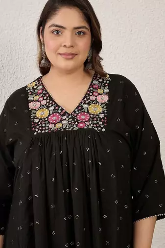 Plus Size Black Embroidered A-Line Kurta Palazzos Set