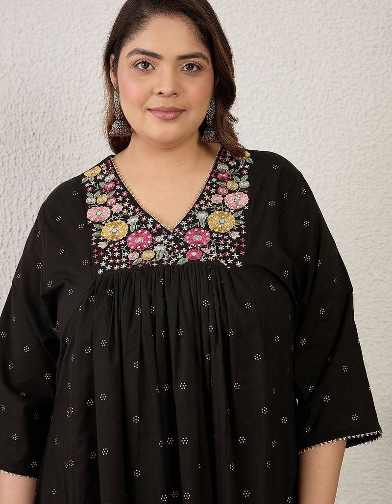 Plus Size Black Embroidered A-Line Kurta Palazzos Set