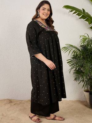 Plus Size Black Embroidered A-Line Kurta Palazzos Set 3