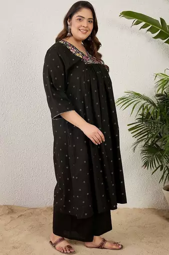 Plus Size Black Embroidered A-Line Kurta Palazzos Set