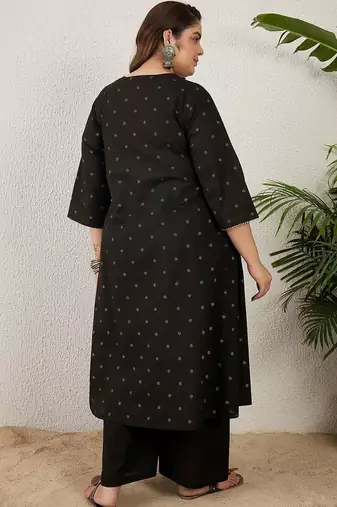 Plus Size Black Embroidered A-Line Kurta Palazzos Set