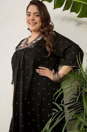Plus Size Black Embroidered A-Line Kurta Palazzos Set