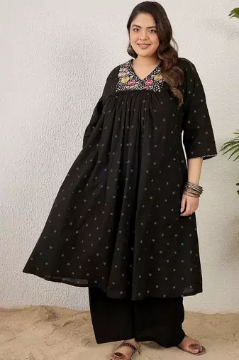 Plus Size Black Embroidered A-Line Kurta Palazzos Set