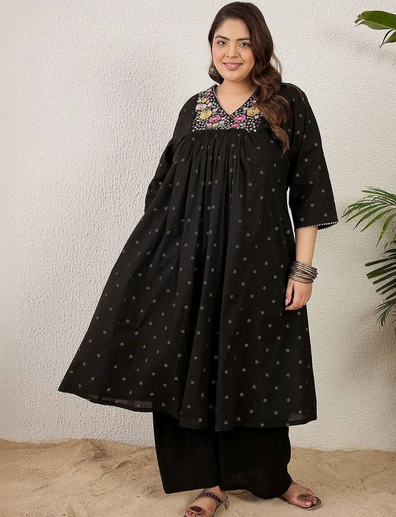 Plus Size Black Embroidered A-Line Kurta Palazzos Set