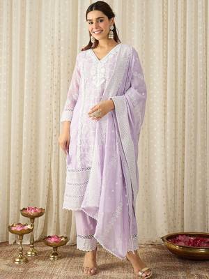 Women Ethnic Motifs Embroidered Regular Thread Work Pure Cotton Kurta with Trousers & With Dupatta 4