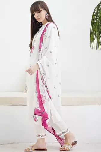Women Floral Embroidered Regular Thread Work Pure Cotton Kurta with Trousers & With Dupatta