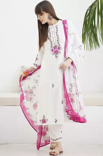 Women Floral Embroidered Regular Thread Work Pure Cotton Kurta with Trousers & With Dupatta