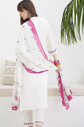 Women Floral Embroidered Regular Thread Work Pure Cotton Kurta with Trousers & With Dupatta