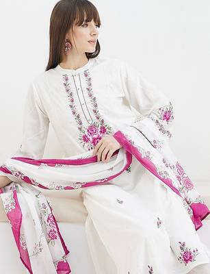 Women Floral Embroidered Regular Thread Work Pure Cotton Kurta with Trousers & With Dupatta 6
