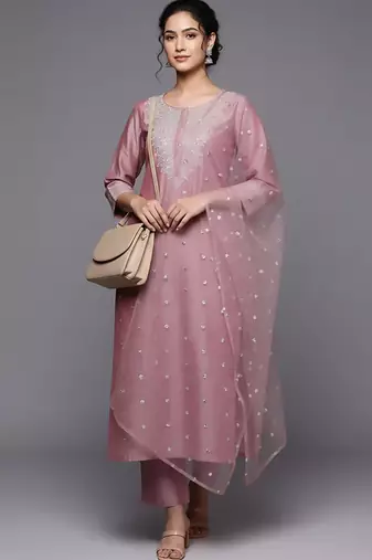 Women Floral Embroidered Regular Chanderi Silk Kurta with Trousers & With Dupatta