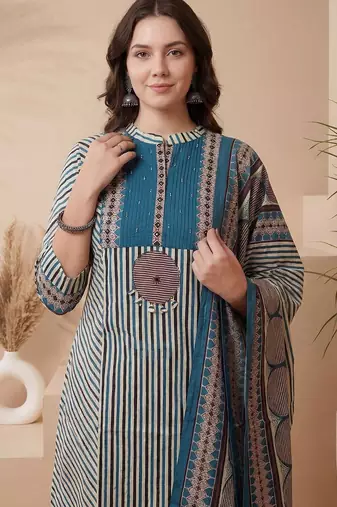 Women Printed Regular Beads and Stones Pure Cotton Kurta with Trousers & With Dupatta