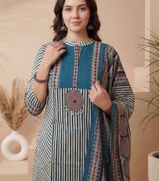 Women Printed Regular Beads and Stones Pure Cotton Kurta with Trousers & With Dupatta