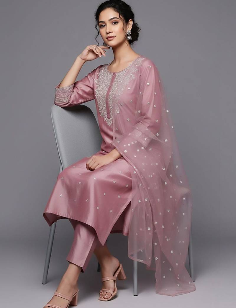 Women Floral Embroidered Regular Chanderi Silk Kurta with Trousers & With Dupatta
