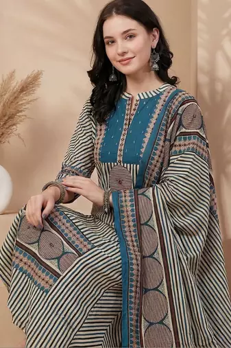 Women Printed Regular Beads and Stones Pure Cotton Kurta with Trousers & With Dupatta