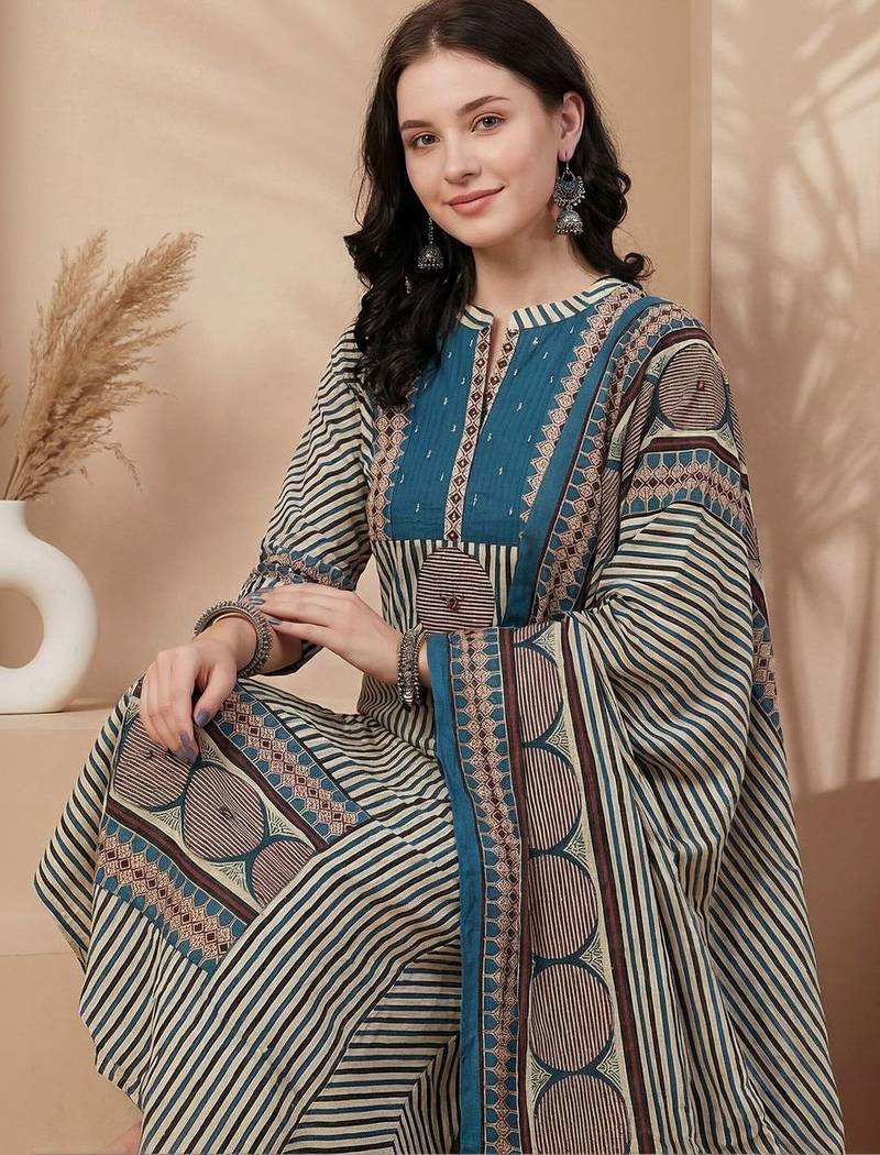 Women Printed Regular Beads and Stones Pure Cotton Kurta with Trousers & With Dupatta