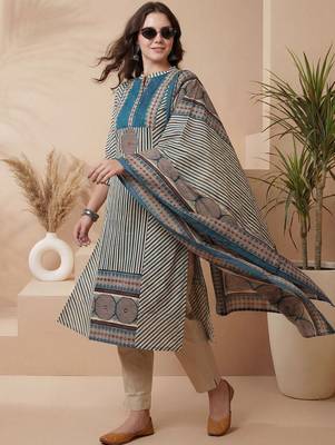 Women Printed Regular Beads and Stones Pure Cotton Kurta with Trousers & With Dupatta 1