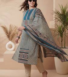 women printed regular beads and stones  cotton kurta with trousers & with dupatta