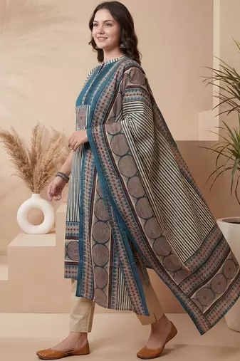 Women Printed Regular Beads and Stones Pure Cotton Kurta with Trousers & With Dupatta