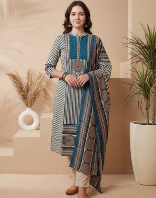 Women Printed Regular Beads and Stones Pure Cotton Kurta with Trousers & With Dupatta 5