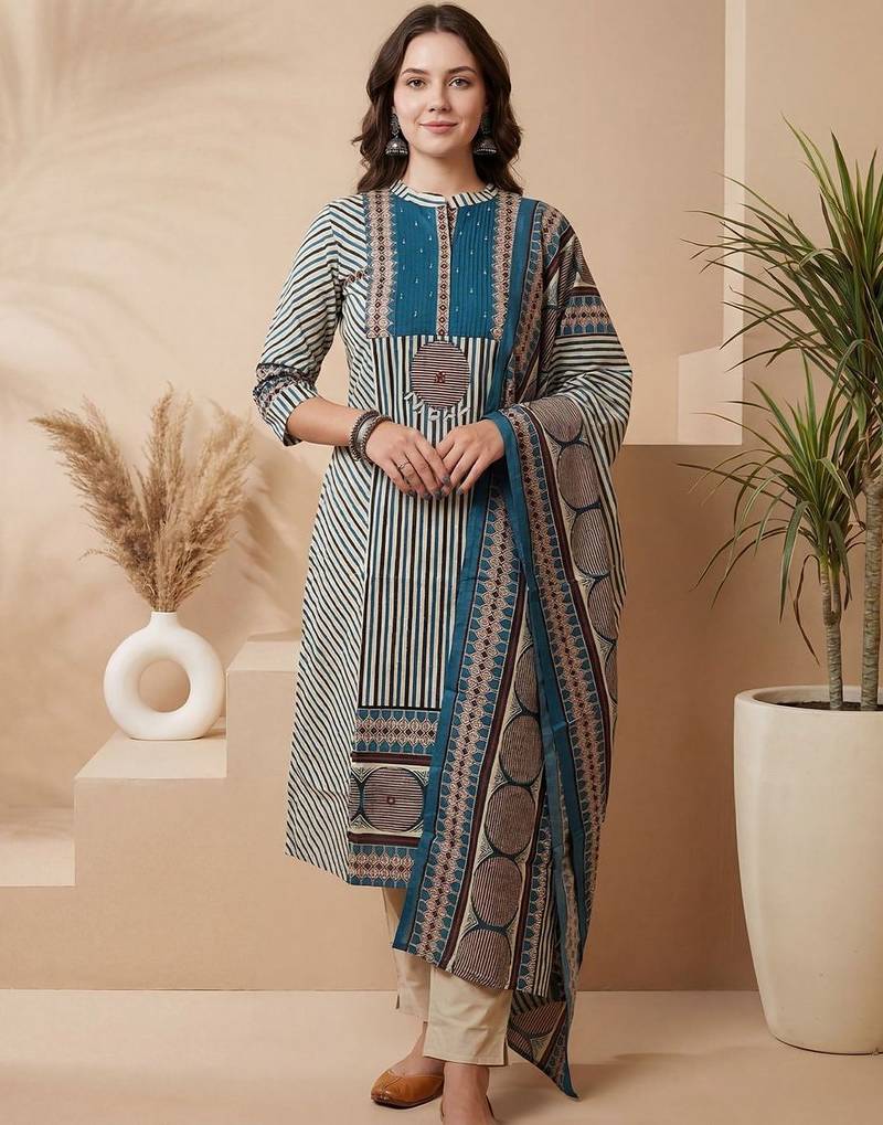 Women Printed Regular Beads and Stones Pure Cotton Kurta with Trousers & With Dupatta