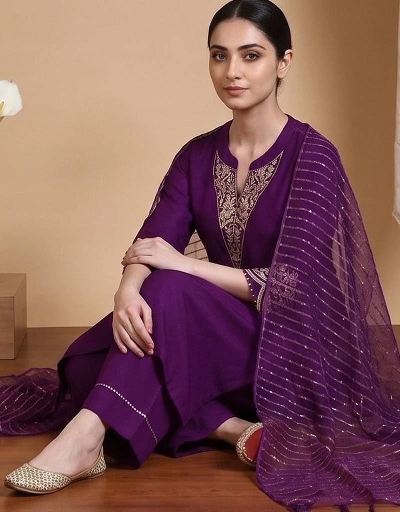 Women Ethnic Motifs Embroidered Regular Thread Work Kurta with Trousers & With Dupatta