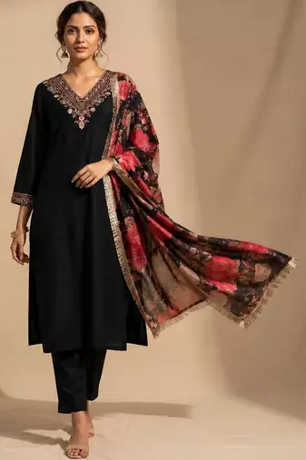 Floral Yoke Design V-Neck Straight Kurta With Trousers And Dupatta