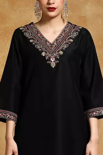 Floral Yoke Design V-Neck Straight Kurta With Trousers And Dupatta