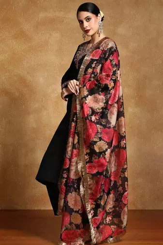 Floral Yoke Design V-Neck Straight Kurta With Trousers And Dupatta