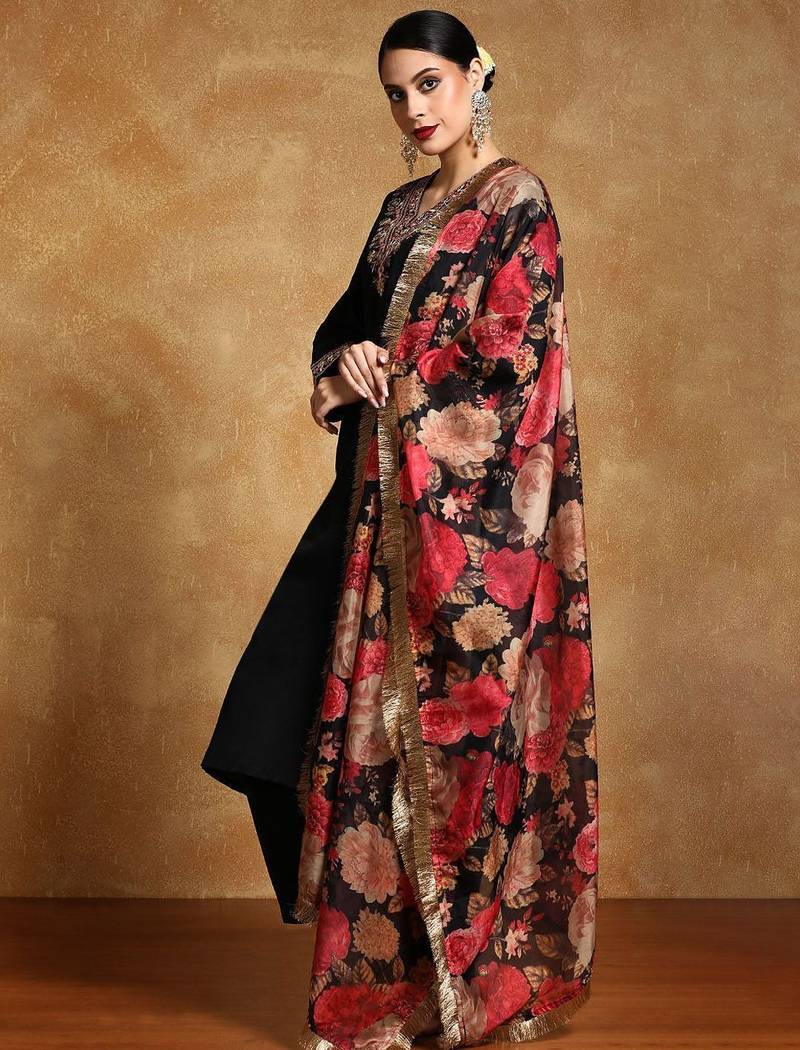 Floral Yoke Design V-Neck Straight Kurta With Trousers And Dupatta