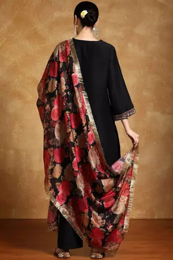 Floral Yoke Design V-Neck Straight Kurta With Trousers And Dupatta