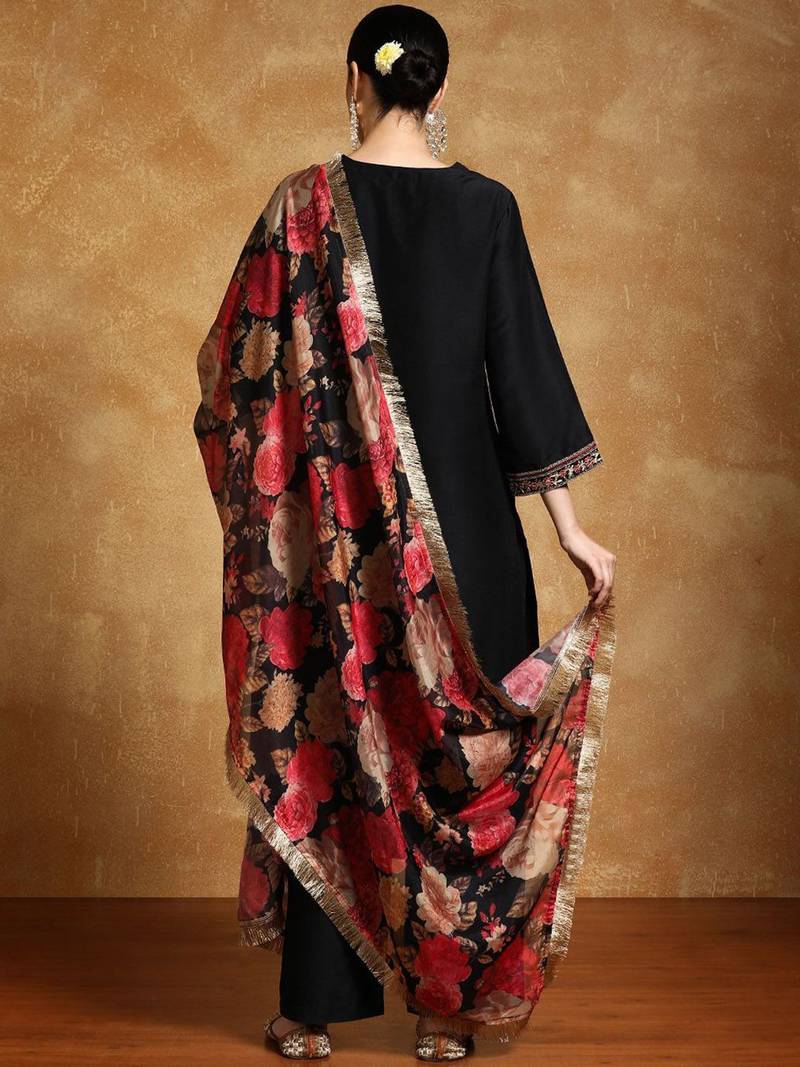 Floral Yoke Design V-Neck Straight Kurta With Trousers And Dupatta