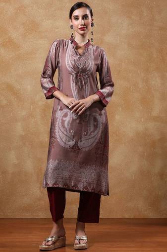 Paisley Printed Mandarin Collar Straight Kurta With Trousers