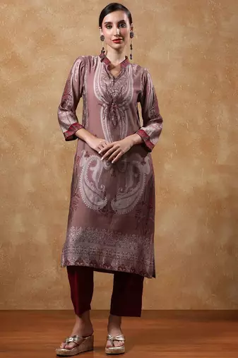 Paisley Printed Mandarin Collar Straight Kurta With Trousers