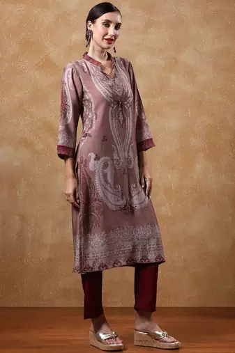 Paisley Printed Mandarin Collar Straight Kurta With Trousers