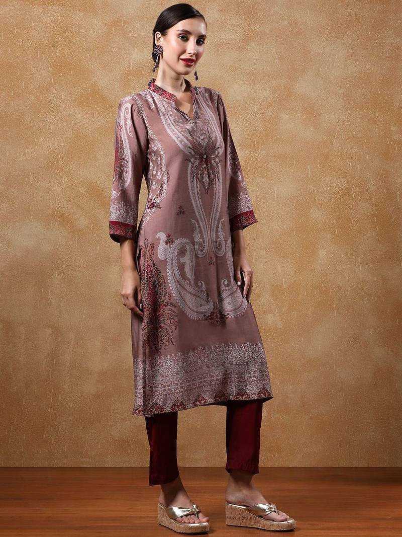 Paisley Printed Mandarin Collar Straight Kurta With Trousers