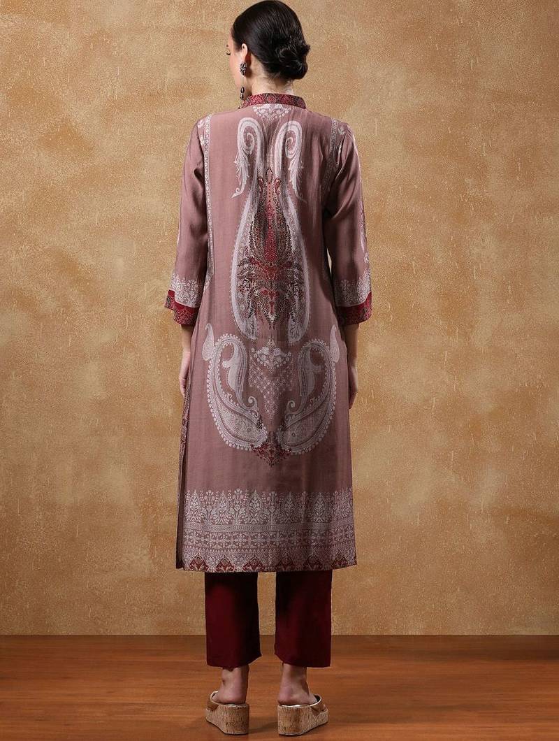 Paisley Printed Mandarin Collar Straight Kurta With Trousers