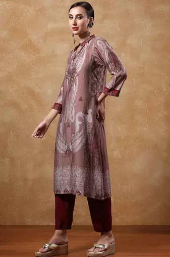 Paisley Printed Mandarin Collar Straight Kurta With Trousers