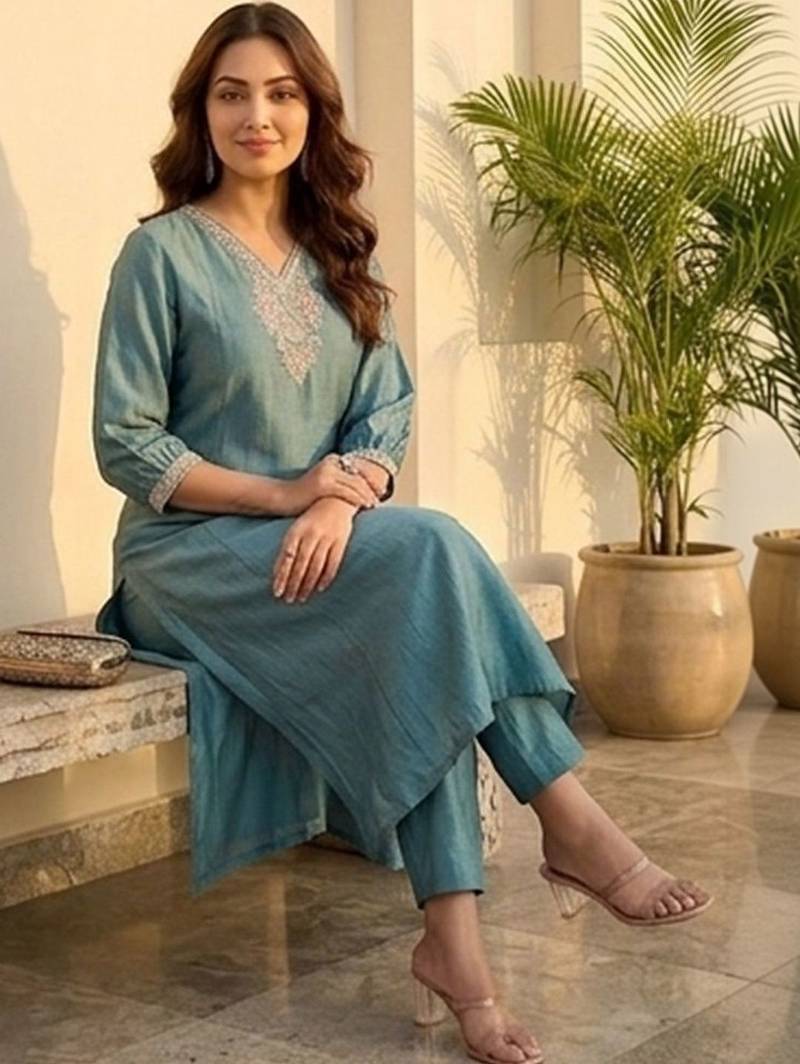 Women Yoke Design Regular Kurta with Trousers