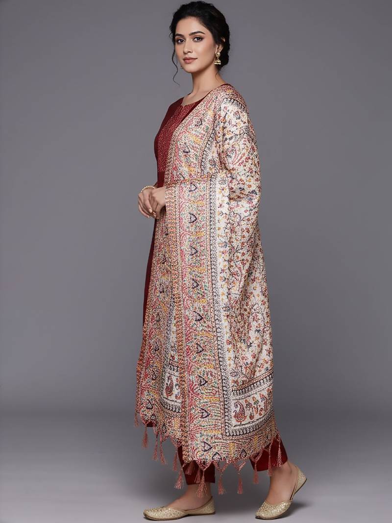 Women Ethnic Motifs Regular Thread Work Kurta with Trousers & With Dupatta
