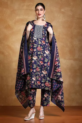 Floral Printed Thread Work Straight Kurta With Trousers & Dupatta